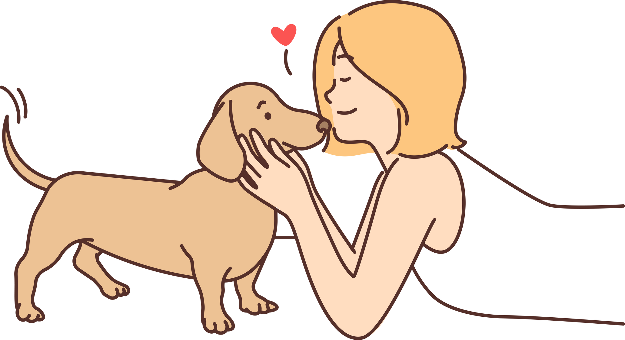 Cute girl kissing puppy enjoying communication with beloved pet and caring for dachshund